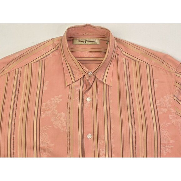 Tommy Bahama Size Medium Mens Salmon Strip Silk Blend Logo Tag Long Sleeve Shirt - Picture 6 of 12